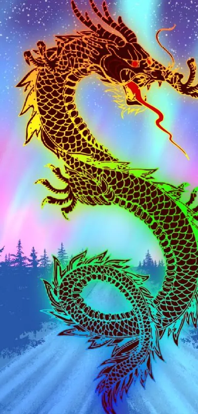 Vibrant dragon art with colorful night sky aurora.