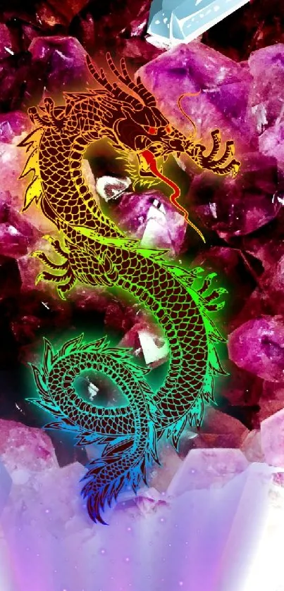 Vibrant dragon on amethyst crystal wallpaper.