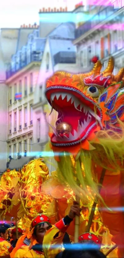 Vibrant dragon parade in city street with colorful costumes.