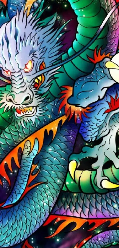 Vibrant and colorful dragon phone wallpaper design.