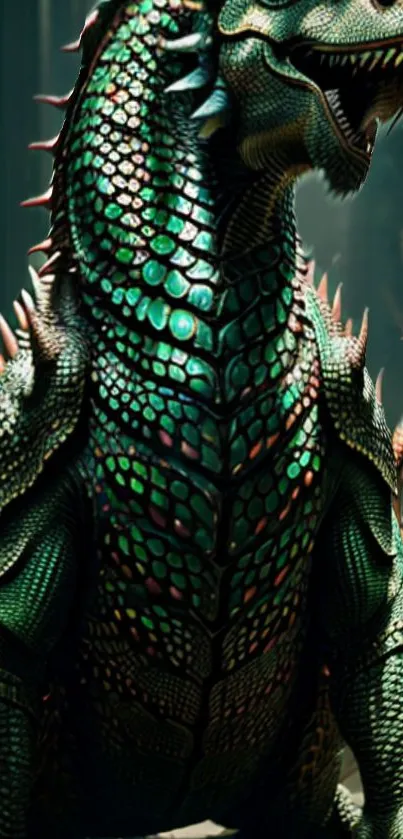 A detailed illustration of a vibrant emerald green dragon.