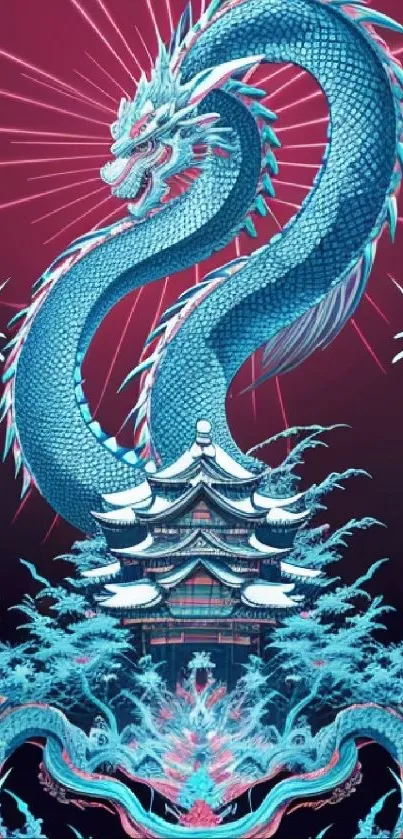 Intricate dragon and pagoda design on vibrant phone wallpaper.
