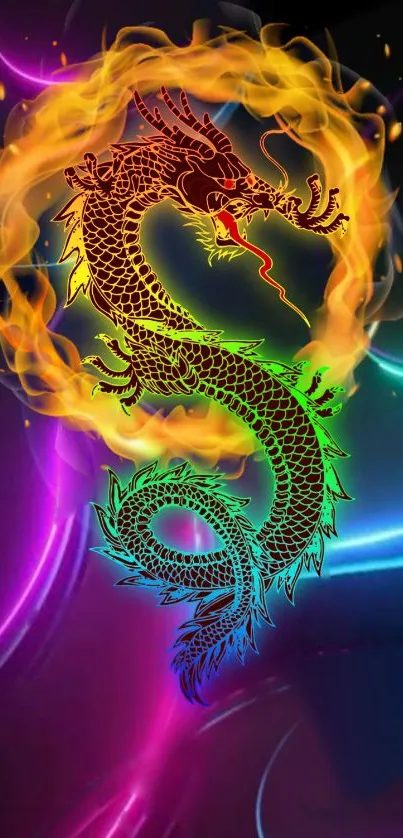 Vibrant dragon surrounded by colorful flames on a dark background.