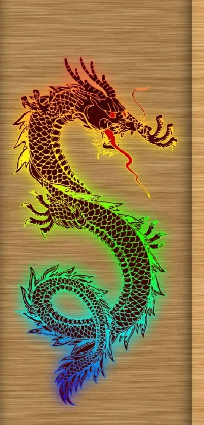 Vibrant dragon with rainbow colors on a textured brown phone wallpaper.