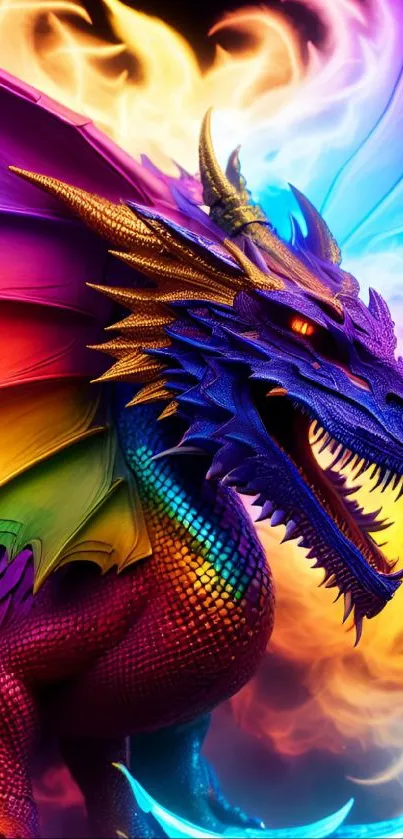 Vibrant rainbow dragon with colorful flames and scales, perfect wallpaper choice.