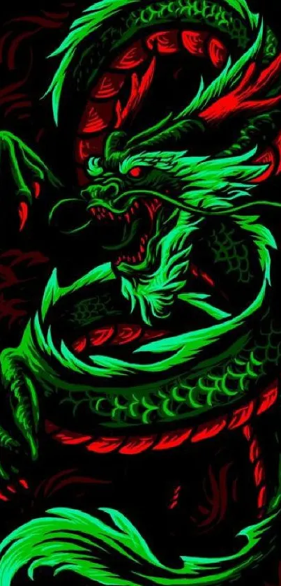 Neon green and red dragon design on black background.