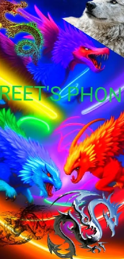 Colorful dragon and wolf wallpaper with neon effects.