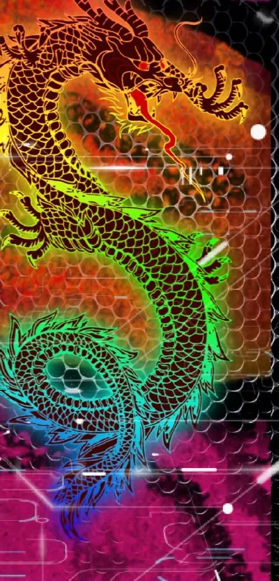 Vibrant dragon with colorful scales on textured black background.