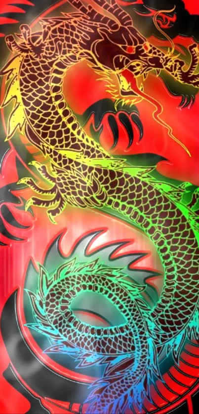 Vibrant dragon on a red background mobile wallpaper.