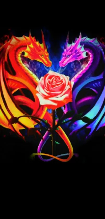 Vibrant two dragons and rose wallpaper art.