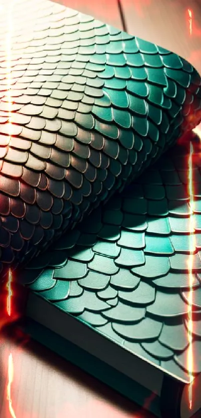 Dragon scale patterned book with vibrant colors on a wallpaper background.