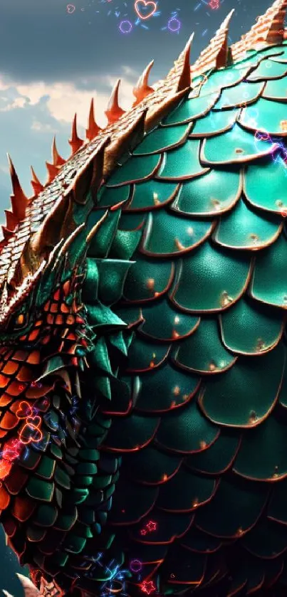 Intricate design of dragon scales with vibrant teal and red hues.