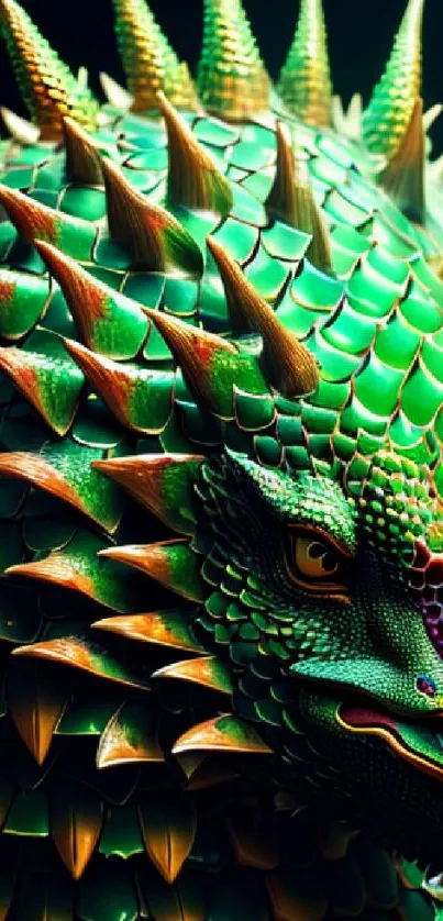 Vibrant green dragon scales with sharp spikes depicting a fantasy design.