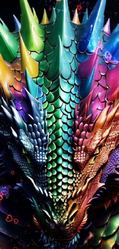 Colorful dragon scales in vibrant rainbow hues.