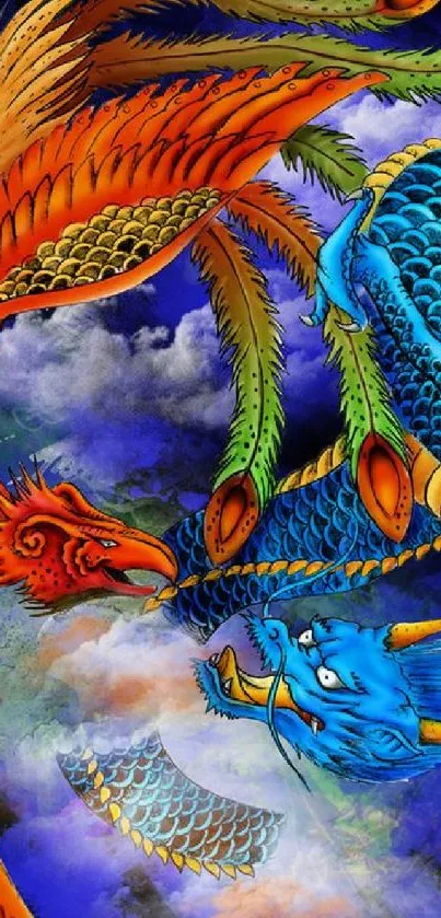 Artistic depiction of two dragons clashing in vibrant fantasy colors.