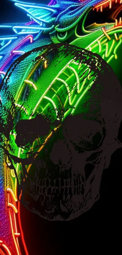 Neon dragon and skull digital art on wallpaper.