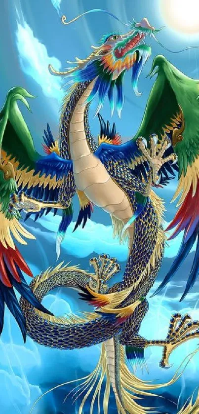 Vibrant dragon soaring in a bright sky with colorful wings