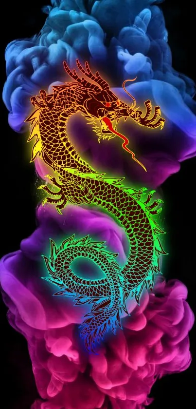 Colorful dragon with swirling smoke on a black background.