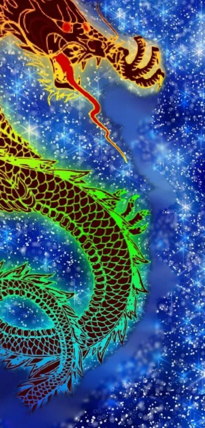 Colorful dragon against a starry cosmic background.