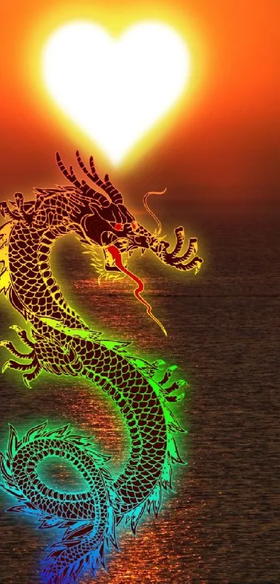 Colorful dragon with heart sun over ocean at sunset.