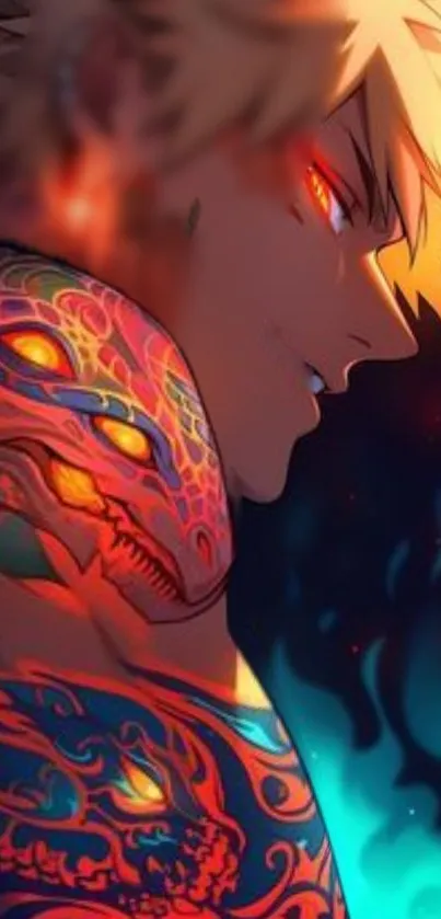 Anime character with vibrant dragon tattoo design.