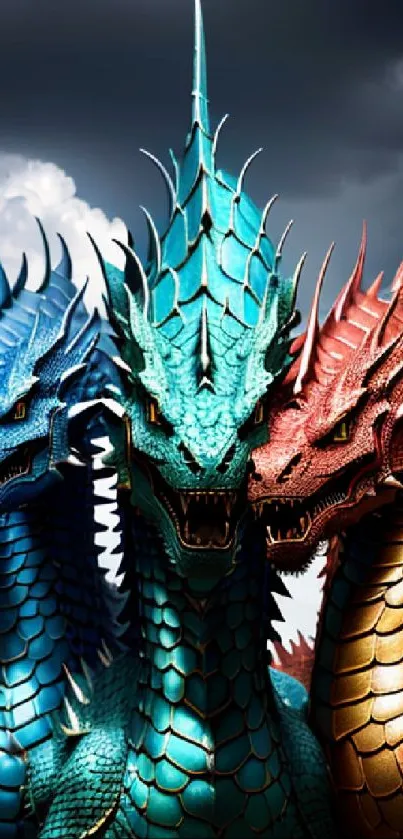 Vibrant dragon trio with blue, green, and red heads against a stormy sky.