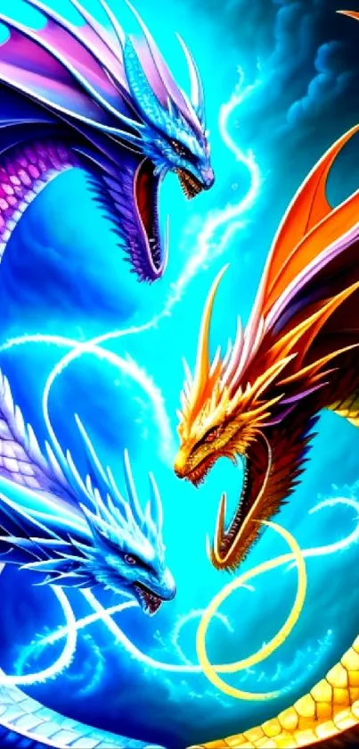 Vibrant trio of colorful dragons in a dynamic fantasy scene.