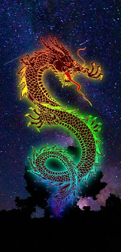 Colorful dragon glowing under a starry night sky in a mobile wallpaper.