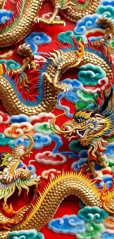 Intricate gold dragons on a red background, rich in color and detail.