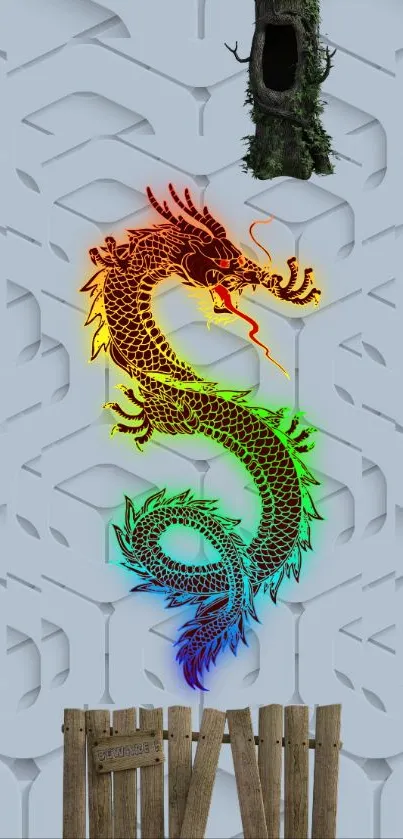 Colorful dragon on a geometric white background, perfect for vibrant mobile wallpaper.