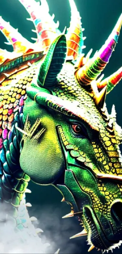 Colorful dragon with vibrant scales on a dark background.