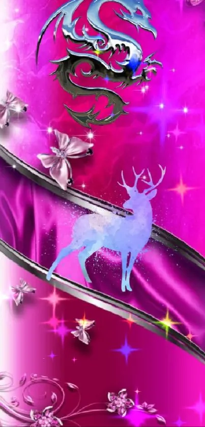 Vibrant dragon and deer wallpaper with magenta and floral accents.