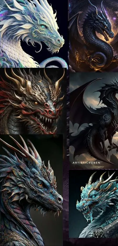 Vibrant dragon illustrations on a mobile wallpaper, featuring diverse colors and styles.