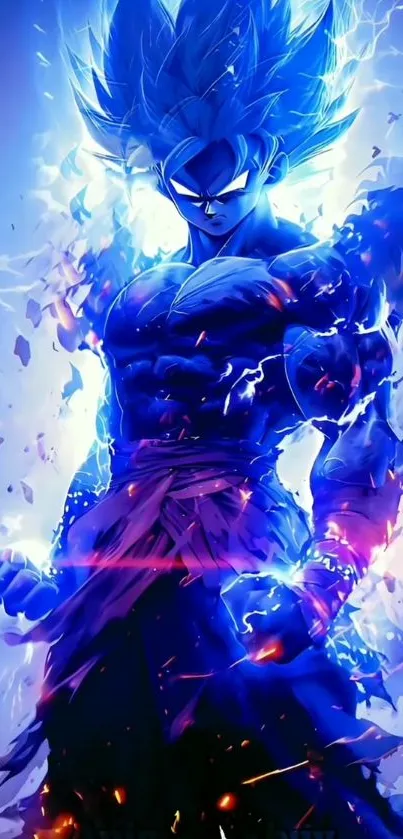 Anime warrior with blue energy aura and vibrant colors.