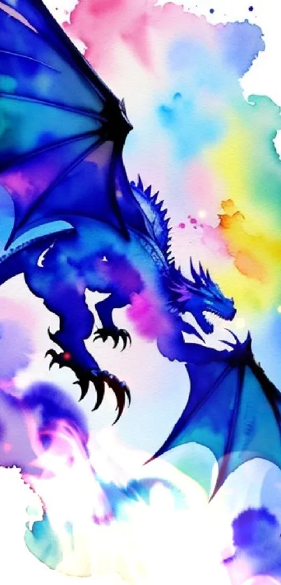 A vibrant watercolor dragon with blue hues and colorful splashes.