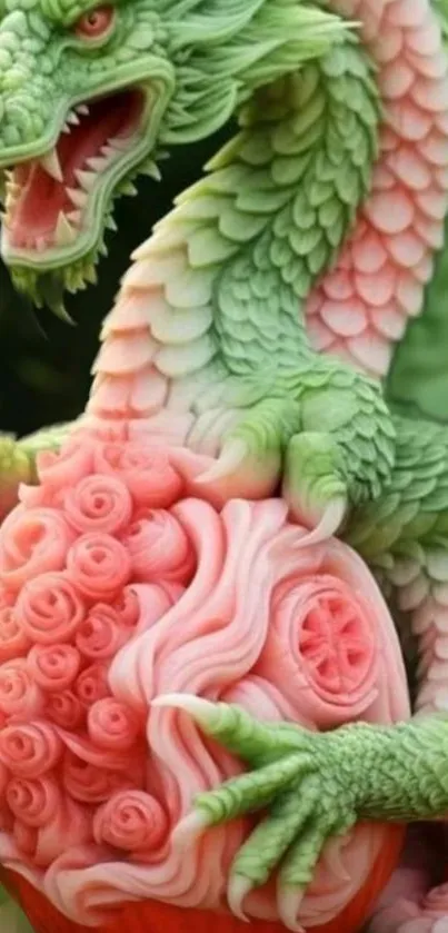 Intricate green dragon carved in watermelon art.