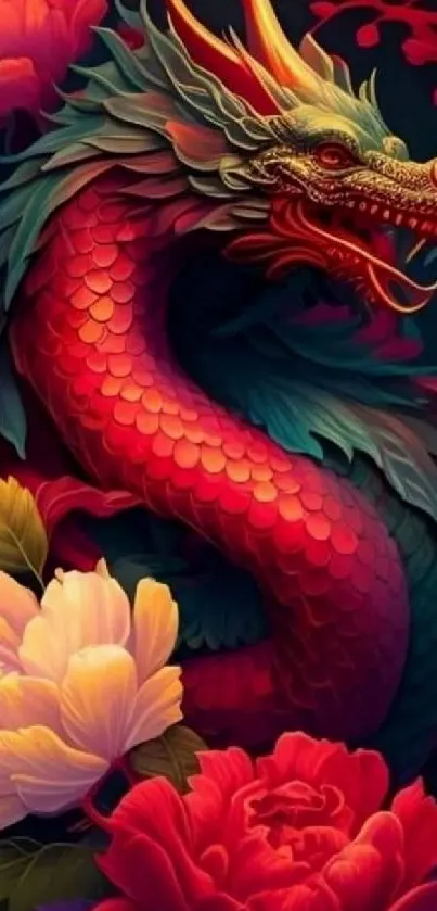 Vibrant red dragon amidst colorful flowers in artistic wallpaper.