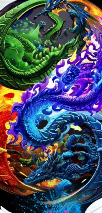 Vibrant dragon Yin-Yang design mobile wallpaper with green, red, and blue hues.