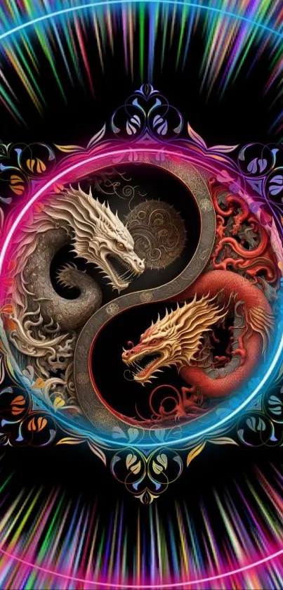 Vibrant yin-yang dragon design on black background with colorful accents.
