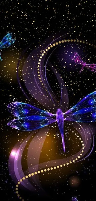 Vibrant digital art of neon dragonflies on a black background wallpaper.