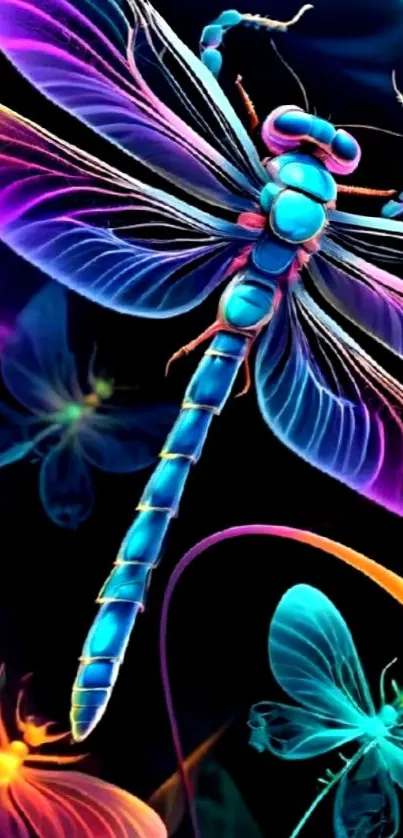 Vibrant dragonfly and butterflies wallpaper with glowing colors.