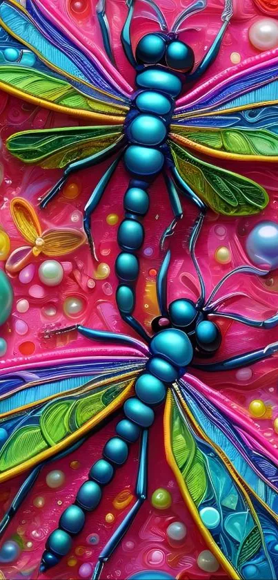 Vibrant dragonfly art on a pink background.