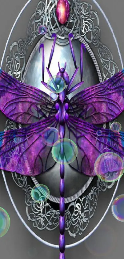 A vibrant purple dragonfly with intricate wings on an ornate background.