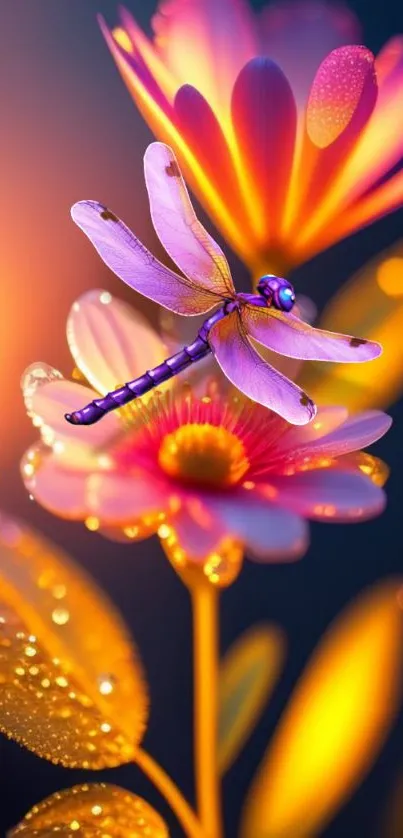 Vibrant dragonfly on bright flowers, digital art wallpaper.