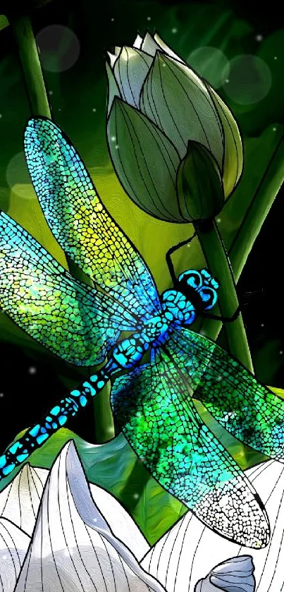 Vibrant dragonfly on green leaves wallpaper.