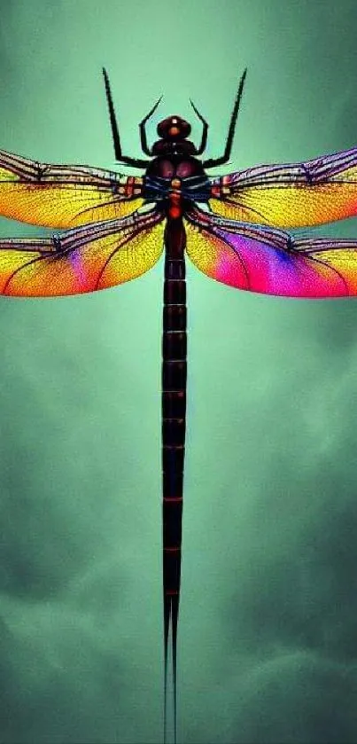 Colorful dragonfly artwork on teal background wallpaper.