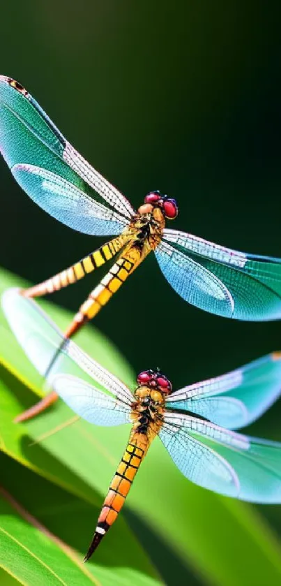 Two dragonflies on green leaves, vibrant colors.