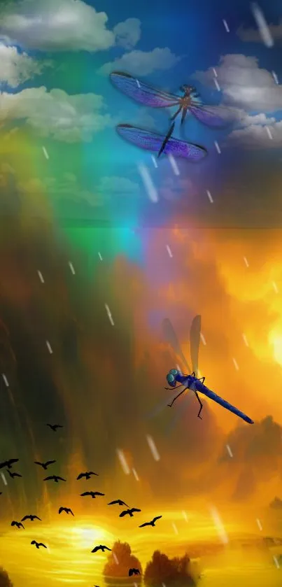 Vibrant fantasy dragonfly art with colorful sky and serene landscape.