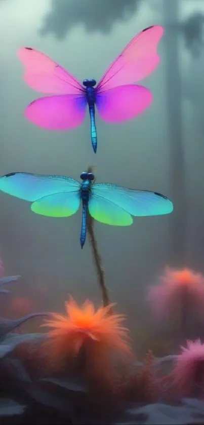 Vibrant dragonflies over mystical forest flowers in fantasy art wallpaper.