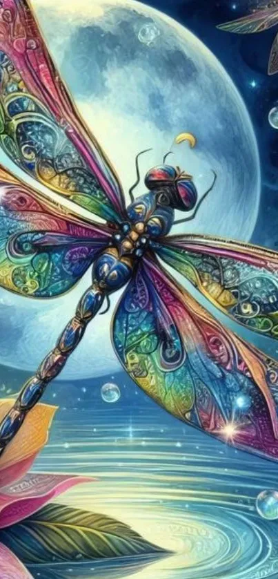 Fantasy art of a colorful dragonfly under a moonlit sky.